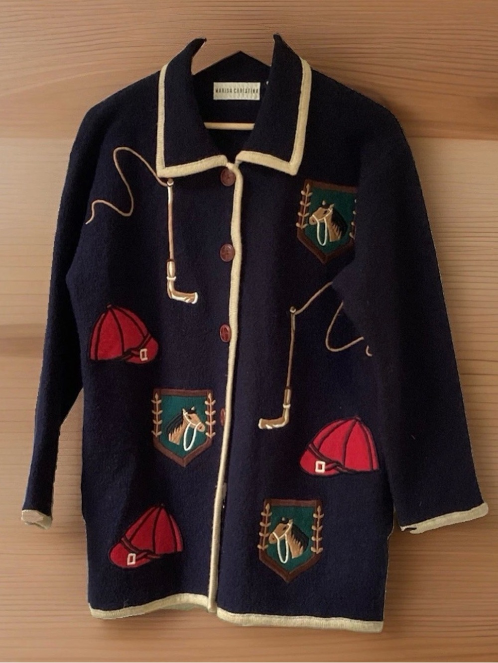 Marisa Christina navy wool cardigan Sm/Med equestrian themed applique